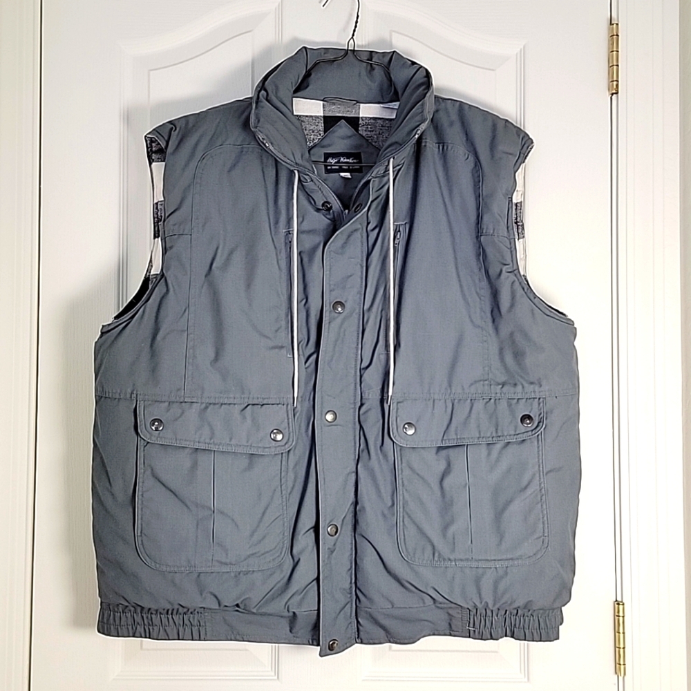Hugo Valentino Vest Men XL Grey Jacket Flannel Lined Hooded Thick Pockets Vtg